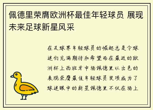 佩德里荣膺欧洲杯最佳年轻球员 展现未来足球新星风采