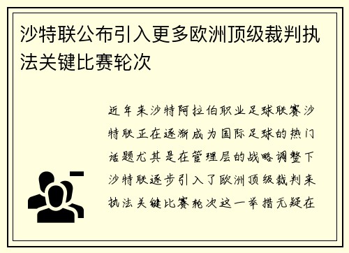 沙特联公布引入更多欧洲顶级裁判执法关键比赛轮次